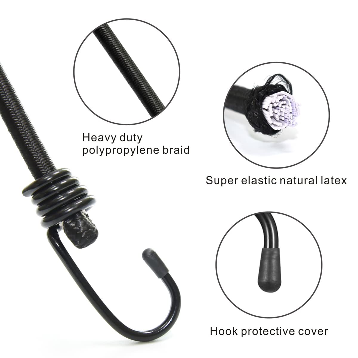 BEXSLE Bungee Cords with Hooks, Heavy Duty Outdoor Elastic Bungee Straps,No Odour Industrial Grade Bungee Rope for Securing Tarps, Luggage,Tents, Bikes or Garden Tidying 24in6pcs + 48in2pcs (Black)