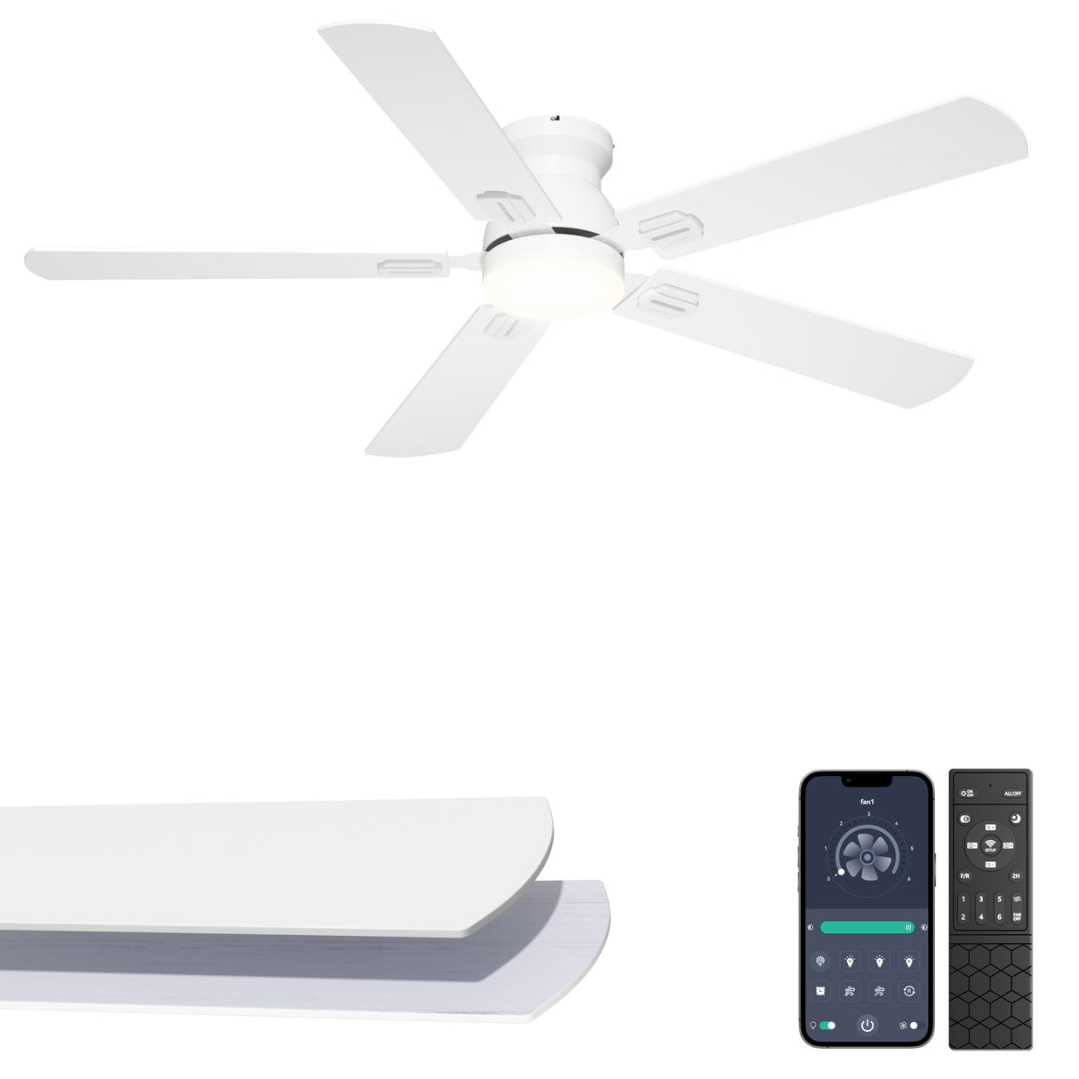 Phylluz 52'' Low Profile Ceiling Fan with Light, White Flush Mount Ceiling Fan for Low Ceilings, Quiet DC Motor, App/Remote Control, Modern Overhead Fan for Bedroom Living Room