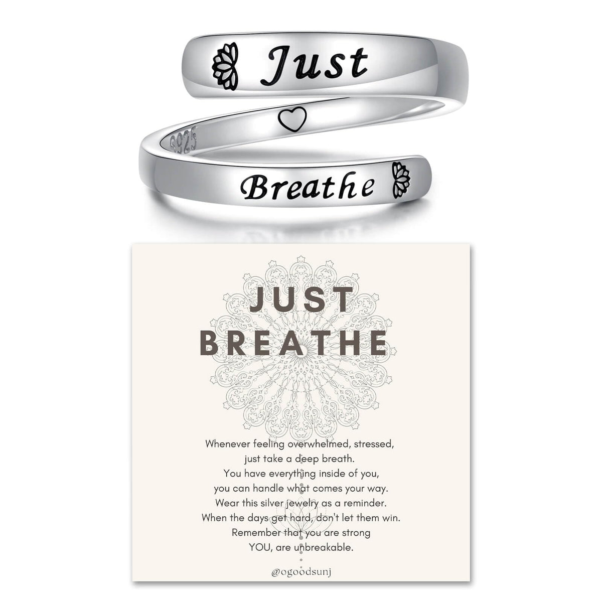 oGoodsunj Sterling Silver Just Breathe Ring for Women: Inspirational Encouragement Rings Adjustable I Am Fearless Motivational Jewelry Gift (Just Breathe)