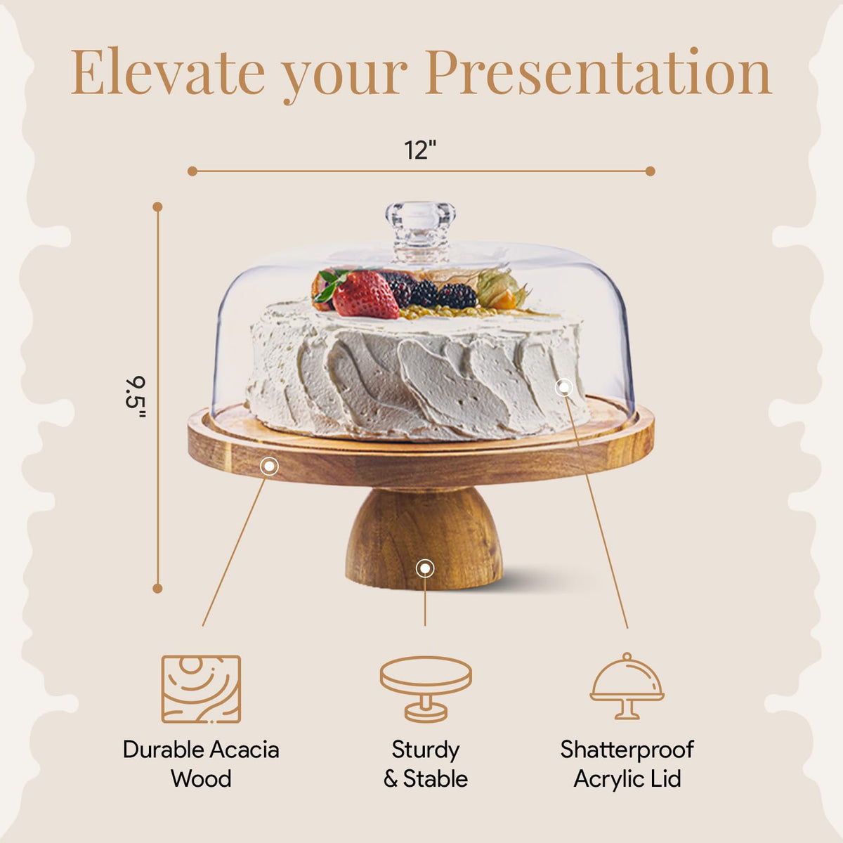 HOMESPHERE Wood Cake Stand with Lid, 2-in-1 Charcuterie Board, Round dome