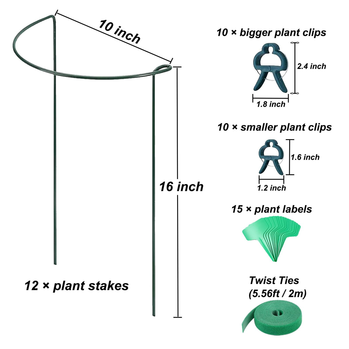 12 Pack Plant Support Stake, 16 Inch Peony Cages and Supports for Outdoor Plants, with 15 Pcs Plant Labels, 20 Pcs Plant Clips, 7ft Plant Ties