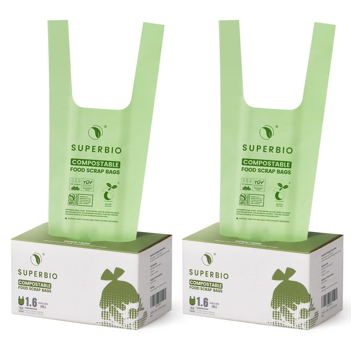 SUPERBIO 1.6 Gallon Handle Tie Compostable Food Scrap Bags, Small Compost Bags with Handles, 50 Count, 2 Pack, BPI & OK compost INDUSTRIAL