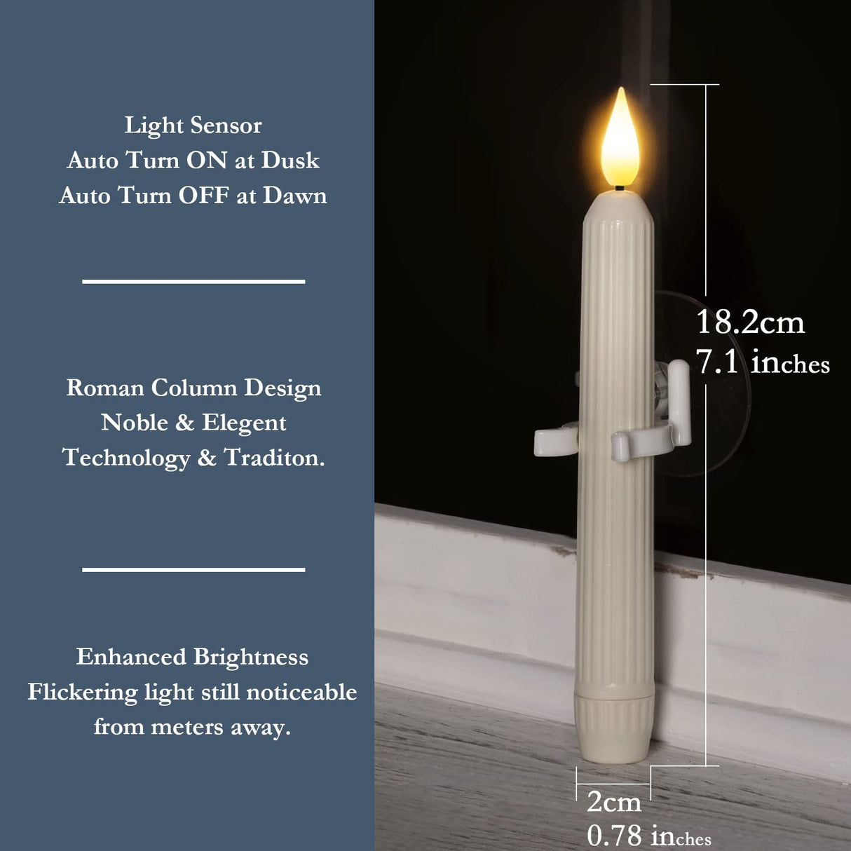 Homemory 6 Pcs Window Candles With Sensor Dusk to Dawn - Ivory Stripped Candlesticks With Suction Cups, Roman Column Battery Operated Flameless LED Taper for Christmas
