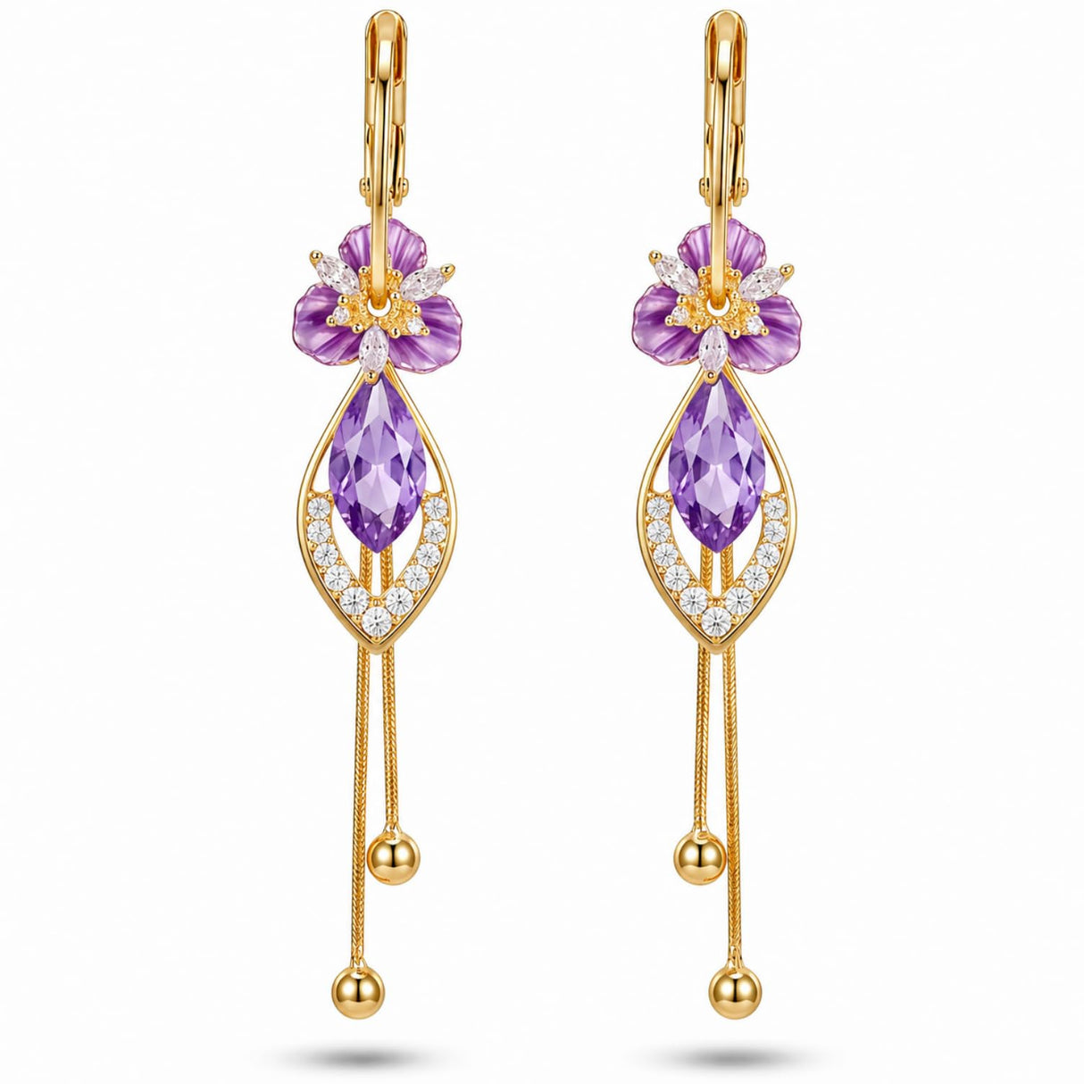 14K gold plated Purple Flower Dangle Chandelier Drop Earrings for Women Hypoallergenic Cubic Zirconia Elegant Statement Jewelry Gifts