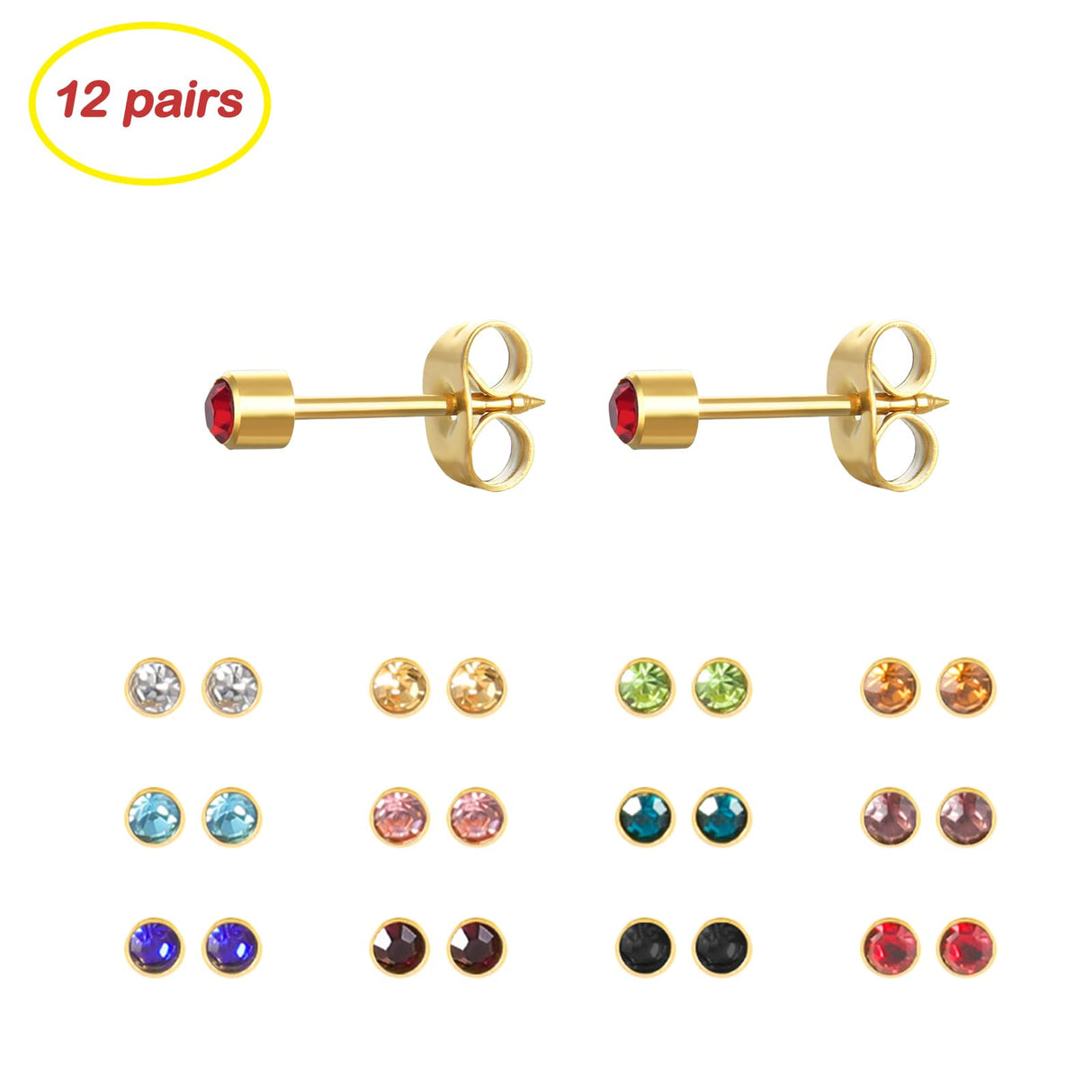 JUSTJANDM 12 Pairs Ear Piercing Stud Earrings for Ear Piercing Guns, Surgical Stainless Steel Multicolor Round Heart Star Cubic Zirconia Birthstone Stud Earrings Set (Gold round 4mm)