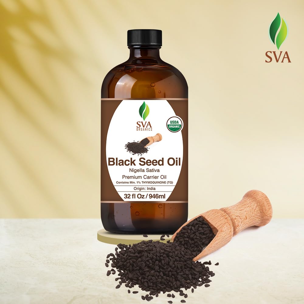 SVA Black Seed Oil Organic - 32 Fl Oz – 100% Natural Cold Pressed Organic Black Seed Oil - for Face, Skin Care, Hair Care, Scalp Massage & Body Massage – Carrier Oil