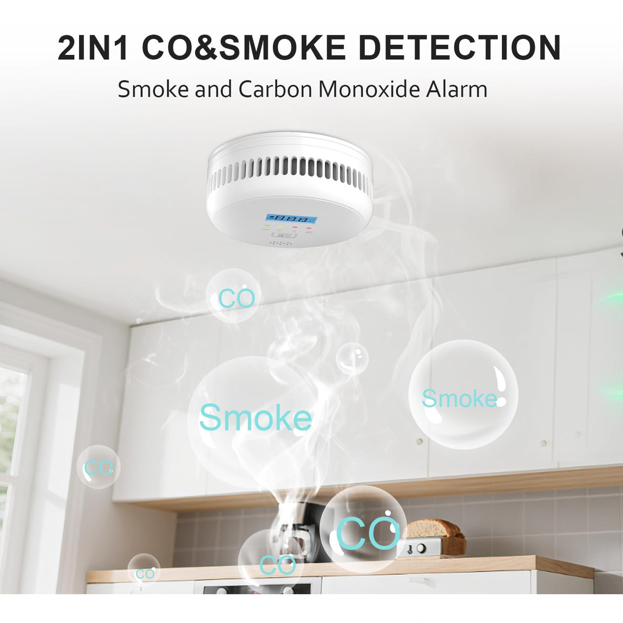 2-in-1 Smoke and Carbon Monoxide Detector Alarm ,Combination Smoke Detector & CO Fire Alarm 2XAA Battery-Operated ,LCD Display & 85db Sound Warning for Home, Bedroom, Kitchen