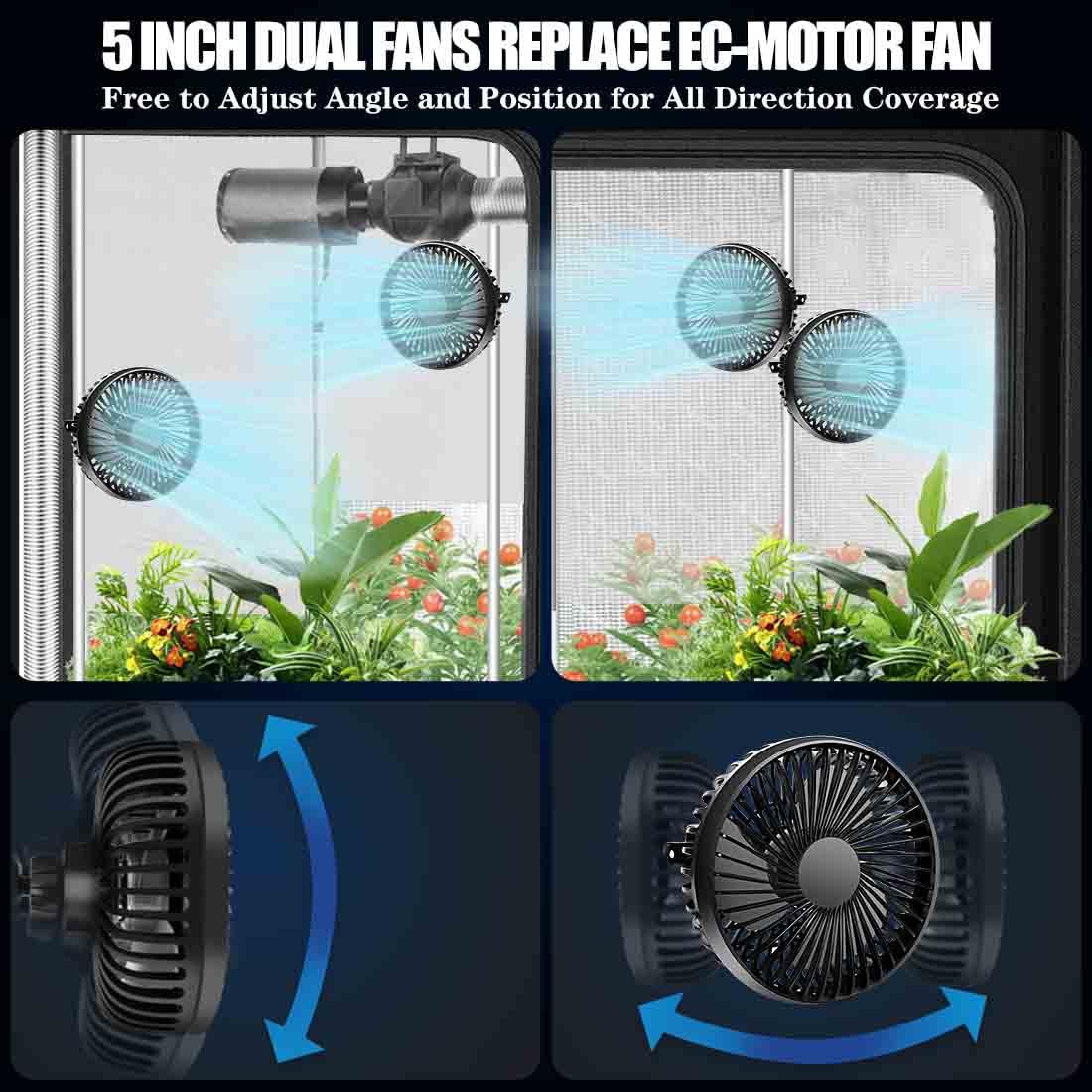 PGQUY 5” Grow Tent Clip Two Fans with Adjustable Clamp, 3-Speed Strong Quiet Airflow, Compatible with Timer Thermostat & Smart Plug for Plant Greenhouse Seedling Hydroponics Circulation Cooling