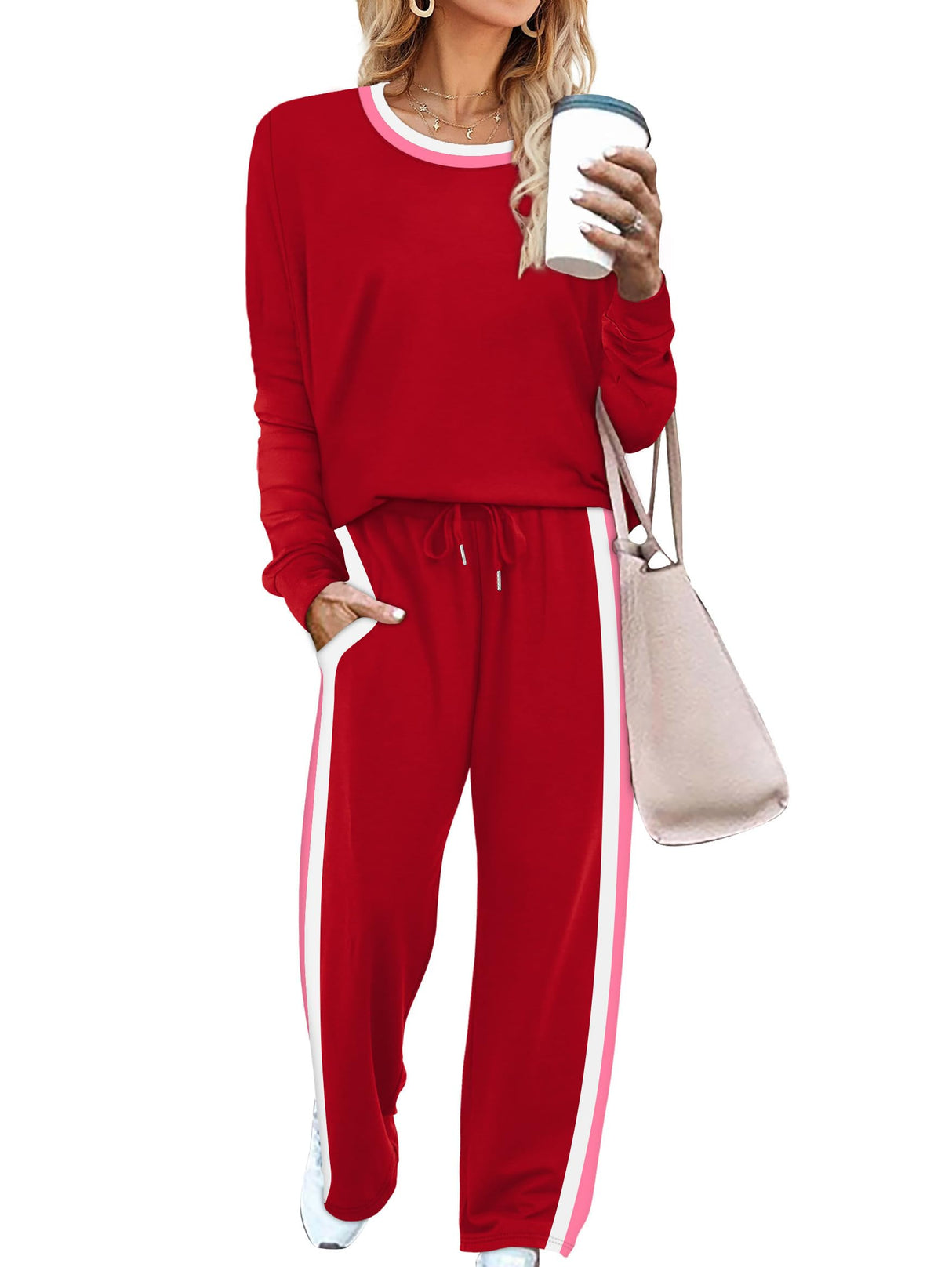 WIHOLL Womens Matching Sets 2 Piece Christmas New Year Eve Outfits Long Sleeve Tops Shirts Going Out Clothing Airport Cute Red L