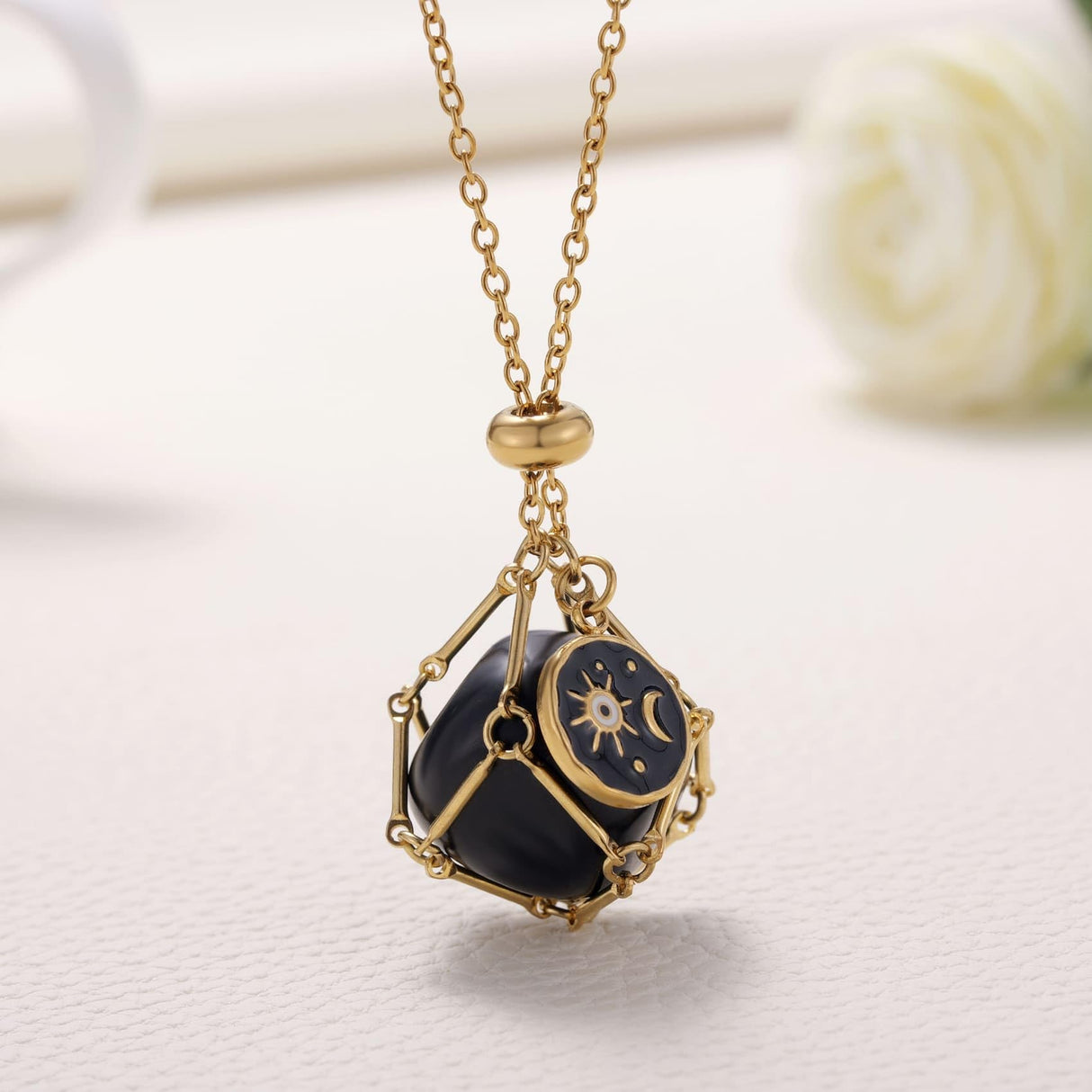 MIXJOY Black Obsidian Crystal Necklace, Sun and Moon Celestial Pendant Gothic Jewelry for Women, Dark Academia Aesthetic Black Gemstone Protection Gift for Halloween Christmas Birthday, Small