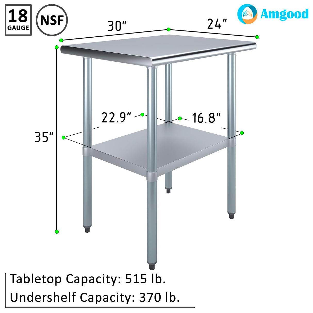 AmGood 24 in. x 30 in. Stainless Steel Work Table | Metal Kitchen Food Prep Table | NSF
