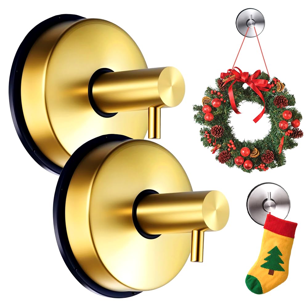 Fauppt 2PCS Suction Cup Hooks for Door Wreaths on Glass Suction Cup Hooks for Shower,2025 Hanging Towels for Window Door Bathroom Mirrors Christmas,Wreath Hanger Holder for Daily Use (Gold-2pc)