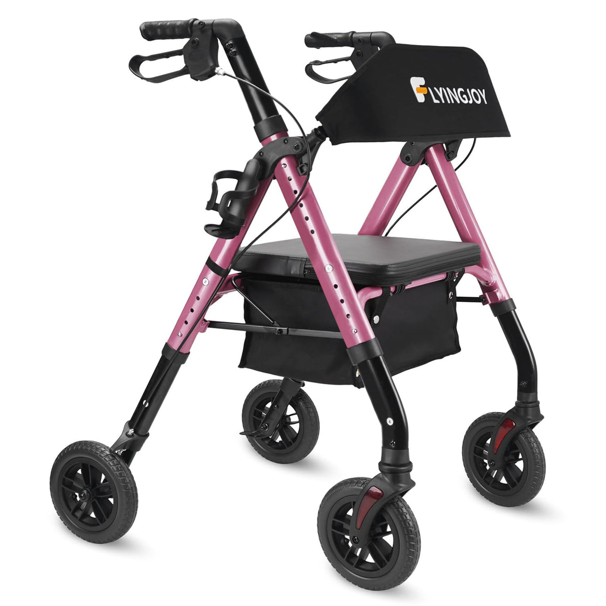FlyingJoy Rollator Walkers for Seniors, Foldable Rolling Walker with Ergonomic Seat, Armrest, Brake, and Wide Backrest, Adjustable Height, Weight 300 lbs, 8" 4 Wheels Suitable for All Terrains, Pink