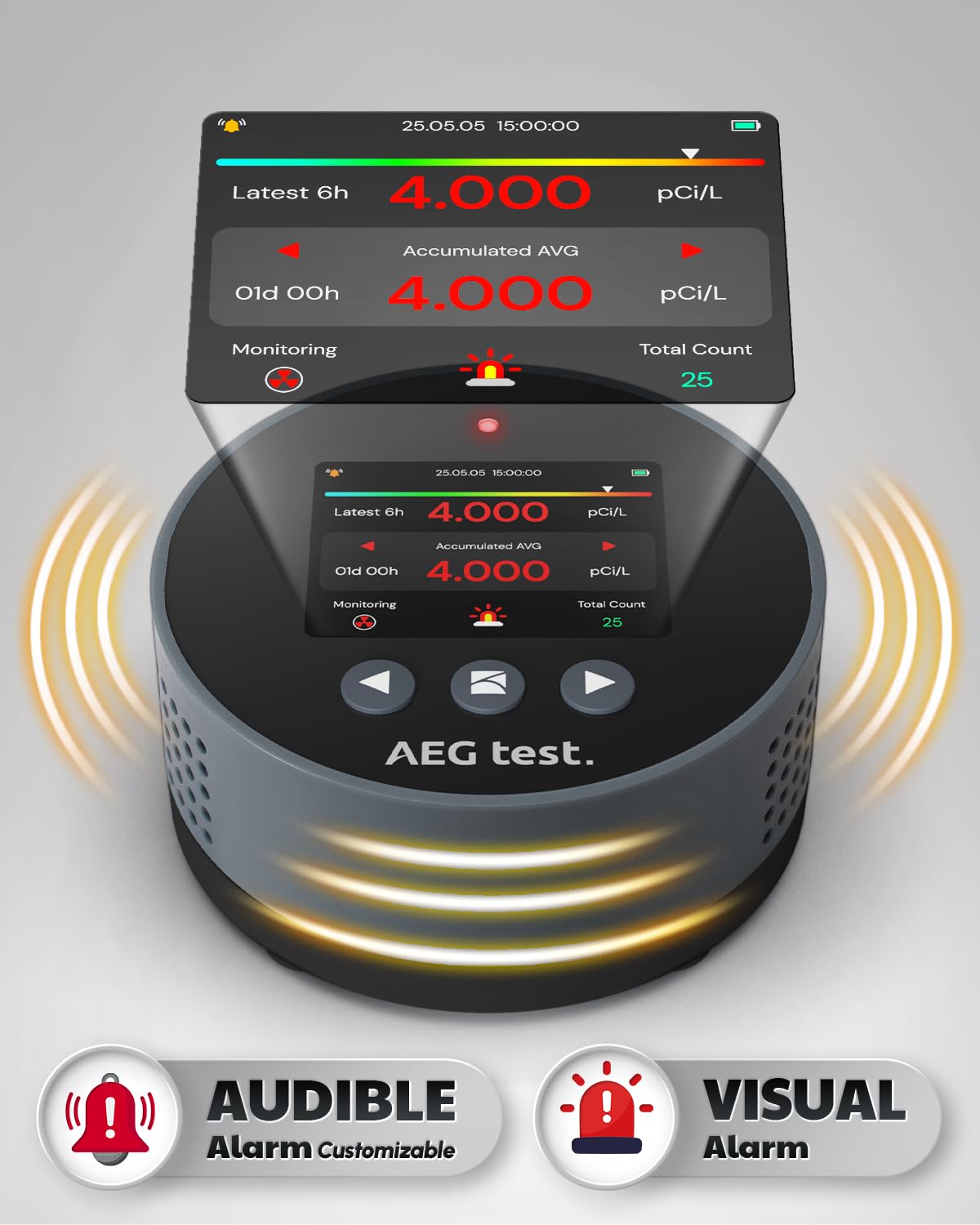 AEGTEST HOUND-1085 Radon Detector for Home, Basement & Nursery, Long-Term Continuous Radon Monitor for Family Lung Health, Rechargeable with 45-Day Battery Life, Audible/Visual Alarms, pCi/L or Bq/m³