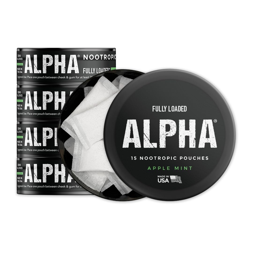 Fully Loaded Alpha Nootropic Pouches (Apple Mint) - 5 Cans - 15 Pouches per can - Effective Nootropic Delivery, Nic Pouch Replacement - Faster Absorption, Alpha GPC, L-Tyrosine, GABA