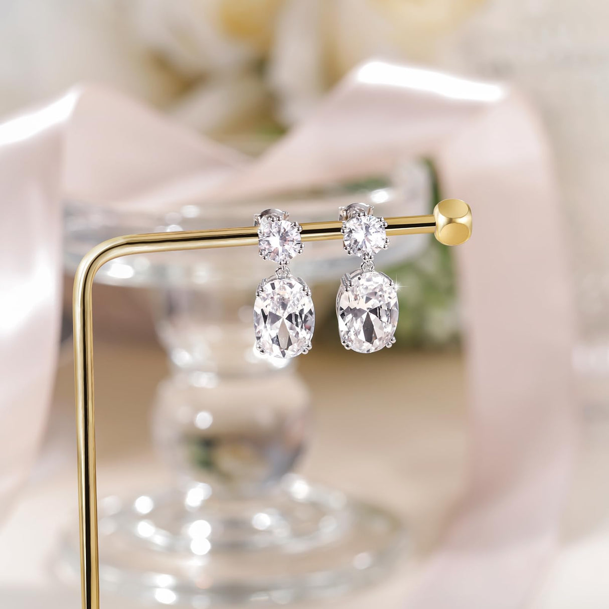 EAMTI Wedding Earrings for Women Cubic Zirconia Dangle Bridal Earrings 925 Sterling Silver Post Oval Earring for Prom Bridesmaid