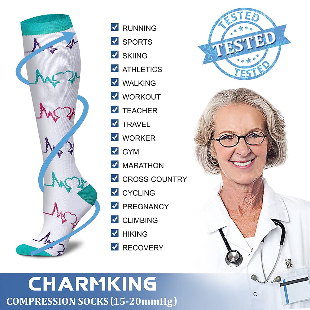 CHARMKING Compression Socks for Women & Men (8 Pairs) 15-20 mmHg Graduated Copper Support Socks are Best for Pregnant, Nurses - Boost Performance, Circulation, Knee High & Wide Calf (L/XL, Multi 06)