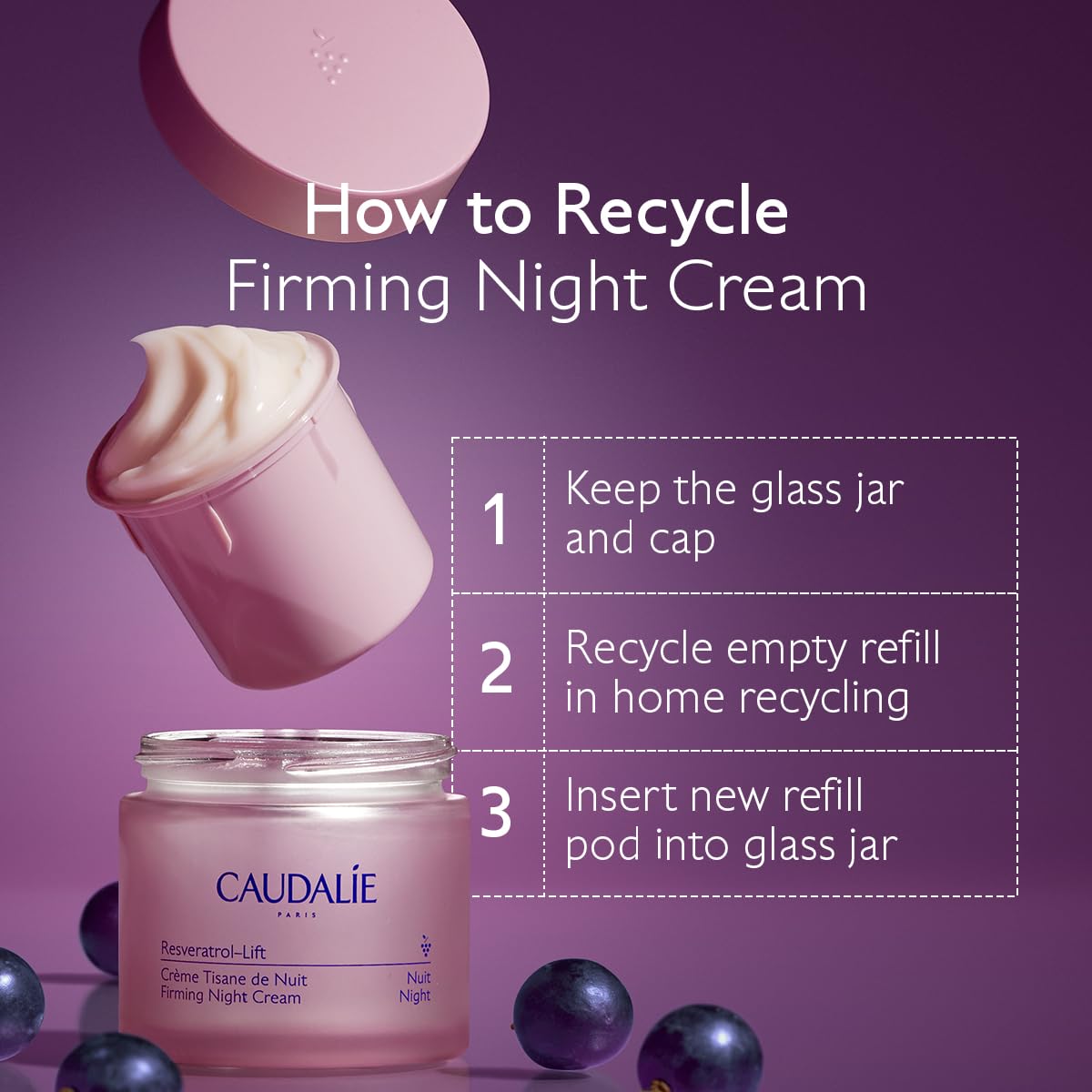 Caudalie Resveratrol-Lift Retinol Alternative Firming Night Cream Moisturizer, Refillable Jar 1.6 oz