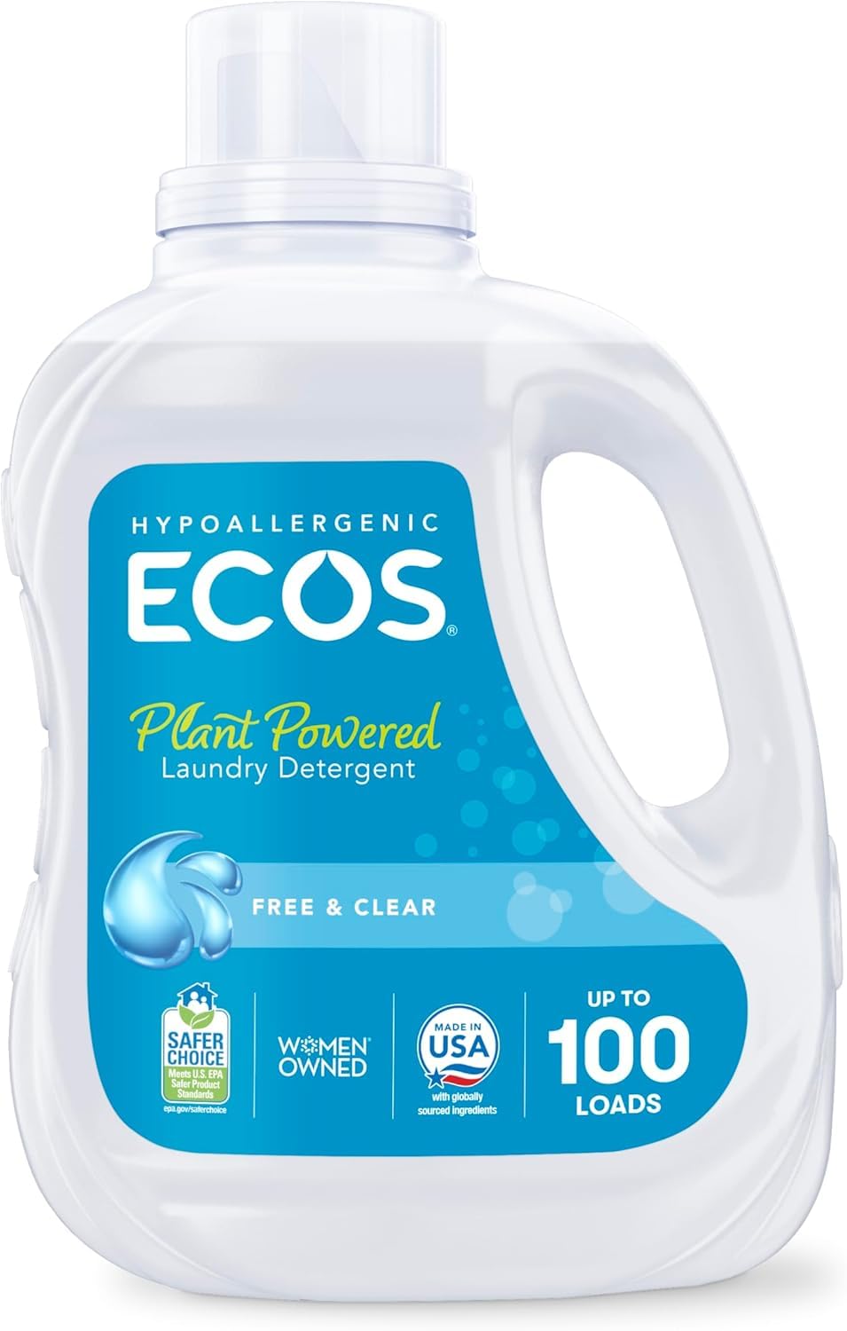 ECOS Laundry Detergent Liquid, 200 Loads - Dermatologist Tested Laundry Soap - Hypoallergenic, EPA Safer Choice Certified, Plant-Powered, Free & Clear, 100 Fl Oz (Pack of 2)