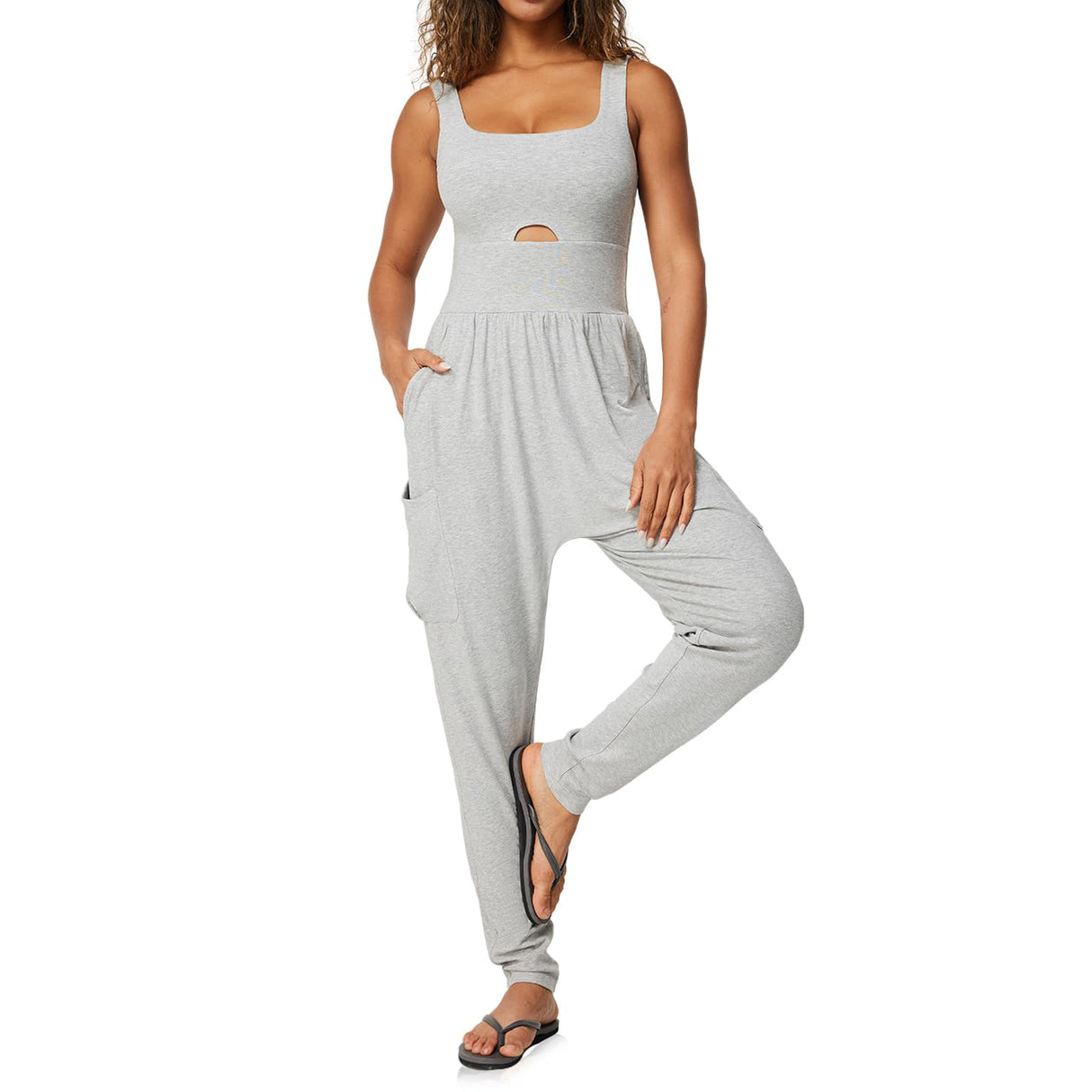 Casei Jumpsuits for Women Casual Summer Rompers Sleeveless Loose Strap Baggy Overalls Yoga Harem Jumpers with Pockets(Gray,XL)