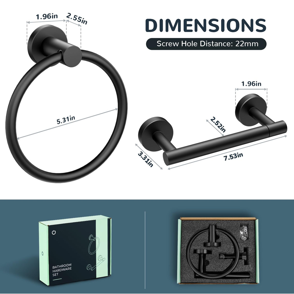 FORIOUS Toilet Paper Holder Wall Mount, SUS304 Stainless Steel Double Post Pivoting Tissue Roll Holder and Hand Towel Ring Set for Bathroom, RV, Bathroom Hardware Accessories Set, Matte Black