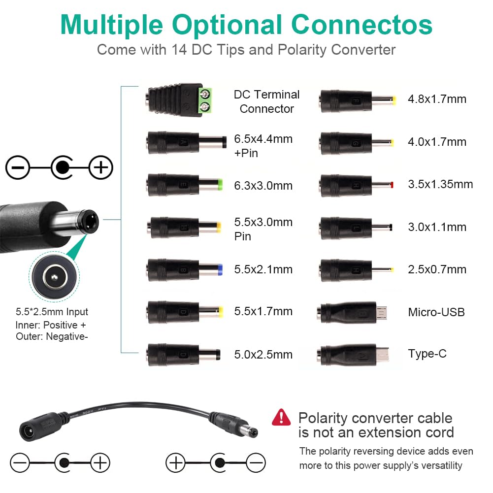Universal Power Supply 3V~24V 3A 72W Adjustable Variable 3V 5V 9V 12V 18V 20V 24V AC/DC Adapter Charger, 100V-240V AC to DC Converter with 14 Tips, Polarity Converter and 4-Way Power Splitter Cable