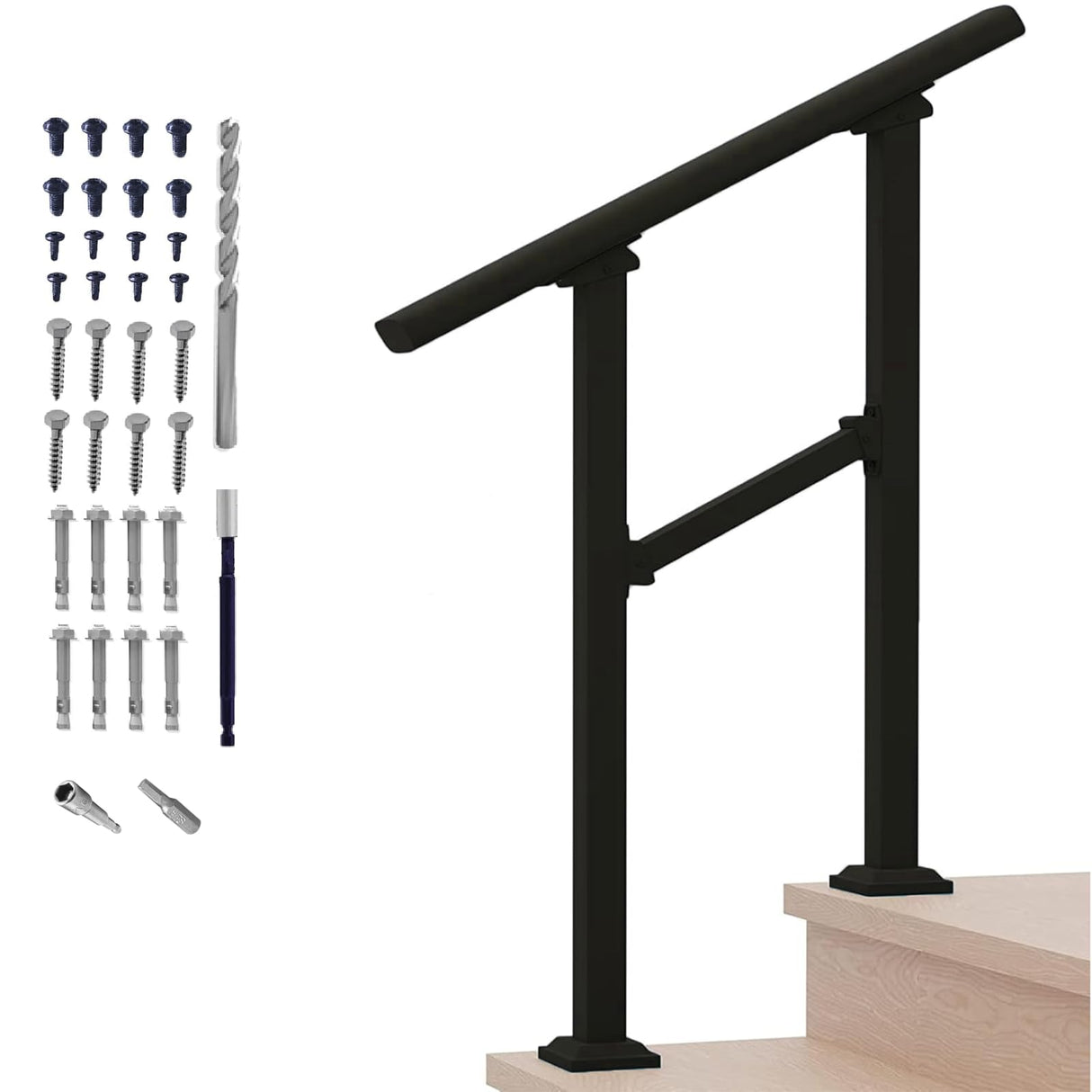 Hand Rails for Outdoor Steps,Stair Handrail & Indoor Stair Railing Kit,Railings for Outdoor Steps for Fence & Outdoor Steps (1, Black-Straight, 2 Step)