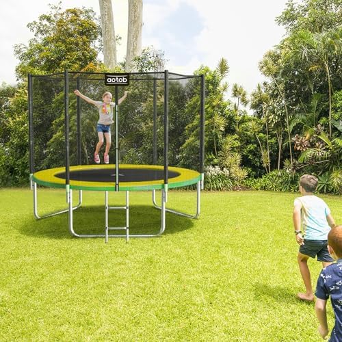 AOTOB 8FT 10FT 12FT 14 FT 15FT Trampoline with Safety Enclosure Net,Outdoor Trampoline with Basketball Hoop, Heavy Duty Jumping Mat and Spring Cover Padding for Kids and Adults, Storage Bag and Ladder