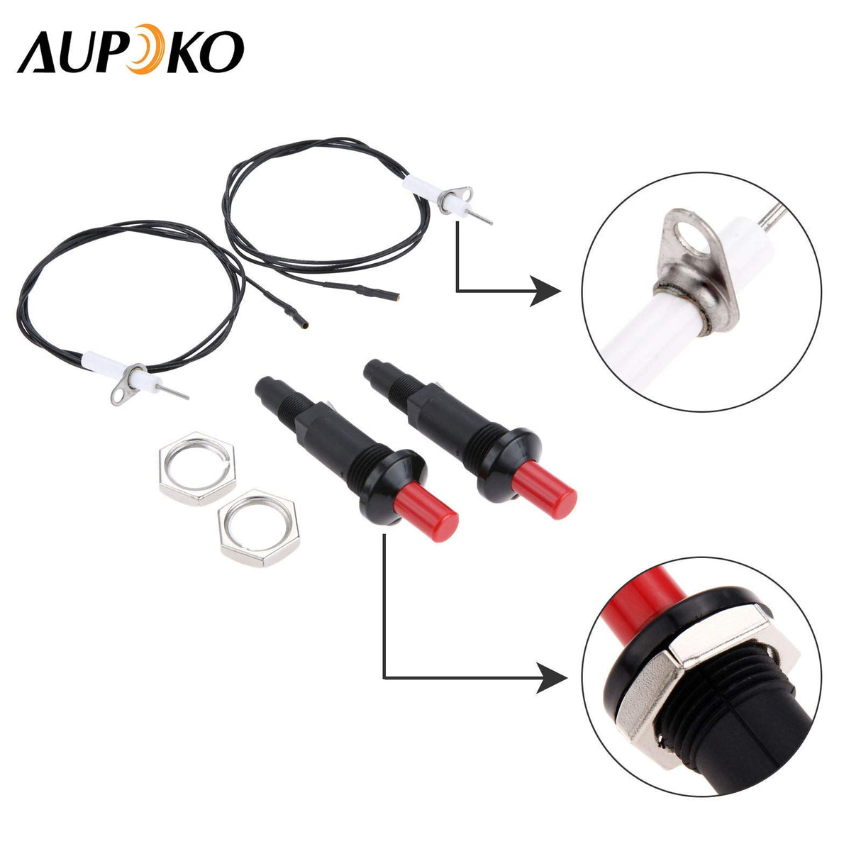 Aupoko 2 Sets Piezo Spark Ignition with Cable Push Button Igniter, Type of 1 Out 2 Electrode 200 Degree Resistance Wire, Fit for Gas Fireplace Gas Oven Gas Heater lgniter Ceramic Kitchen Lighter