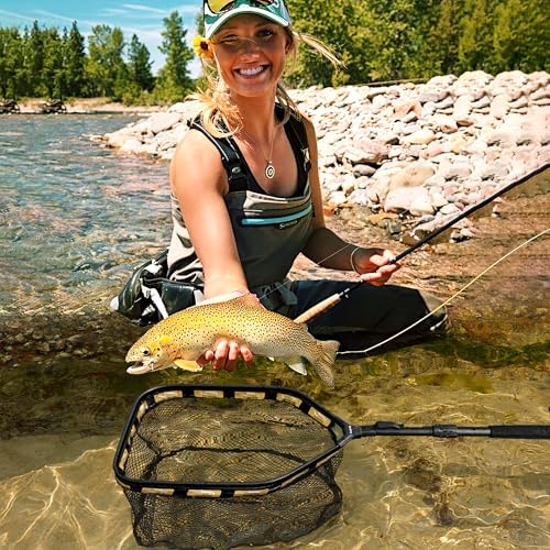 PLUSINNO Floating Fishing Net for Steelhead, Salmon, Fly, Kayak, Catfish, Bass, Trout Fishing, Rubber Coated Landing Net for Easy Catch & Release, Compact & Foldable for Easy Transportation & Storage