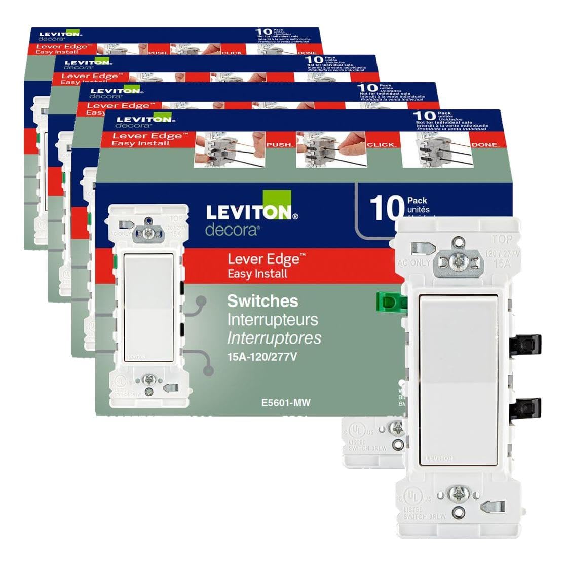 Leviton Lever Edge 15 Amp Single Pole Rocker Switch,E5601-MW,White,(Pack of 40)