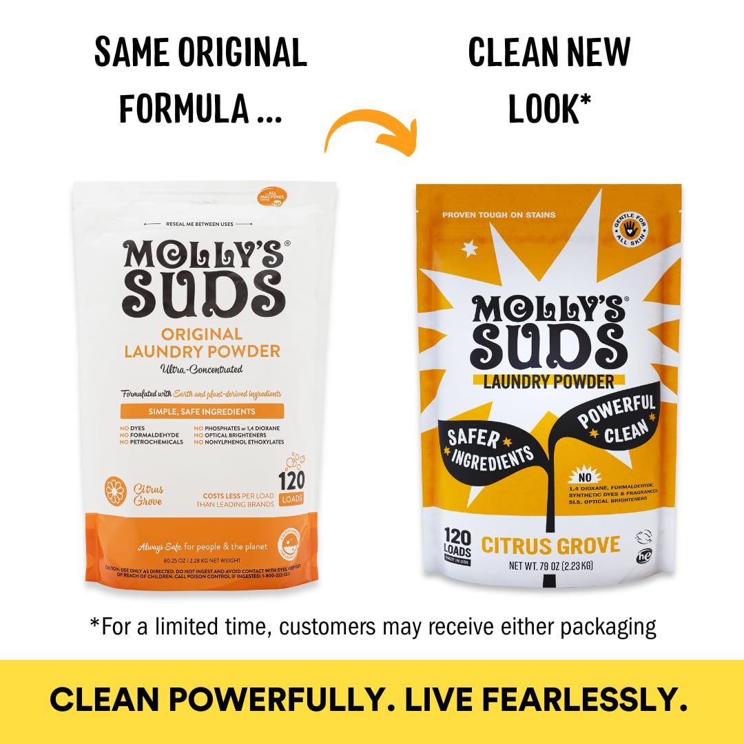 Molly's Suds Original Laundry Detergent Powder | Clean Laundry Detergent Powder for Sensitive Skin | Simple, Effective Ingredients, Stain Fighting | 120 Loads (Citrus Grove)