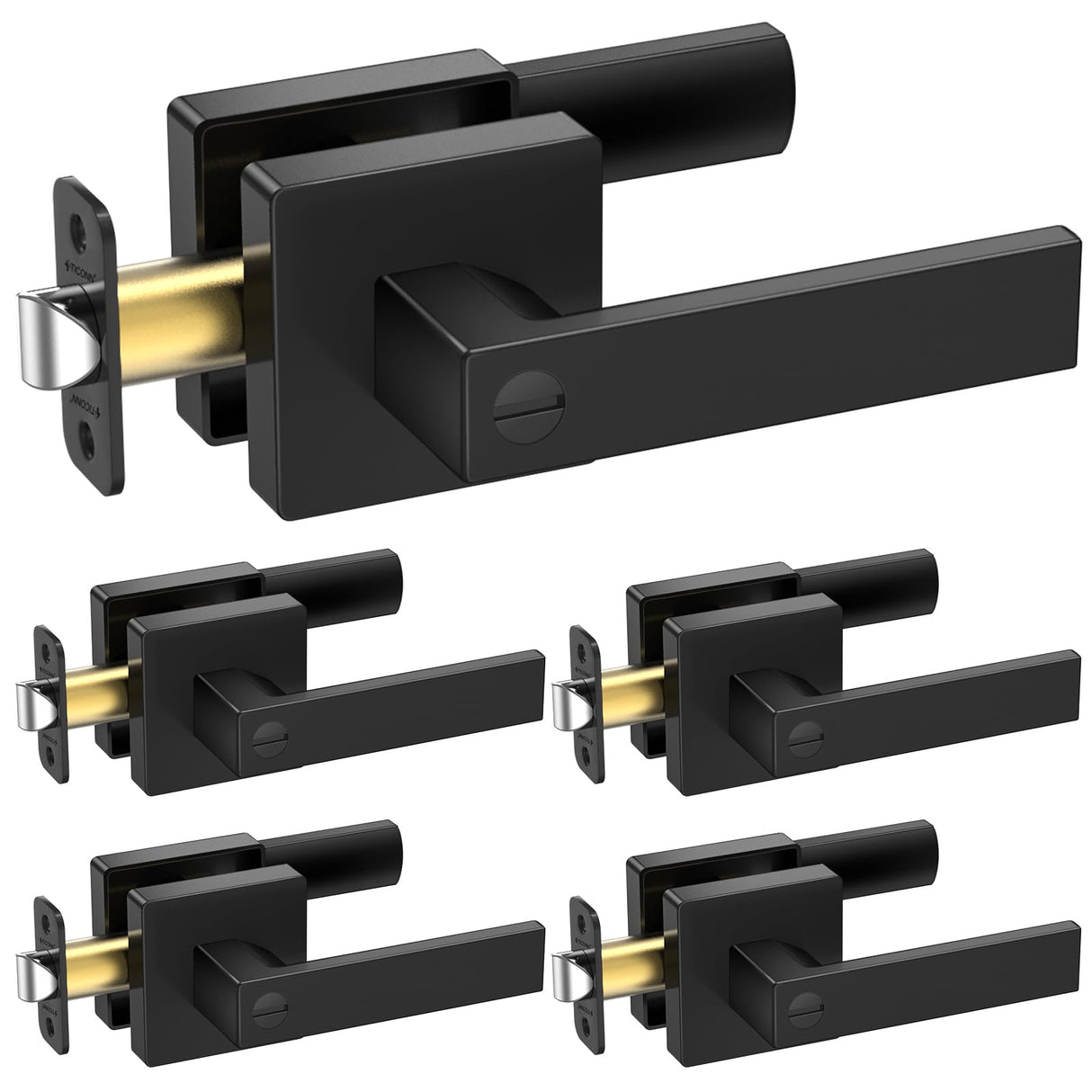 TICONN 5PK Matte Black Door Handles Interior, Reversible Square Door Levers Knob for Hallway, Bedroom, Bathroom (with Lock, 5PK Privacy)