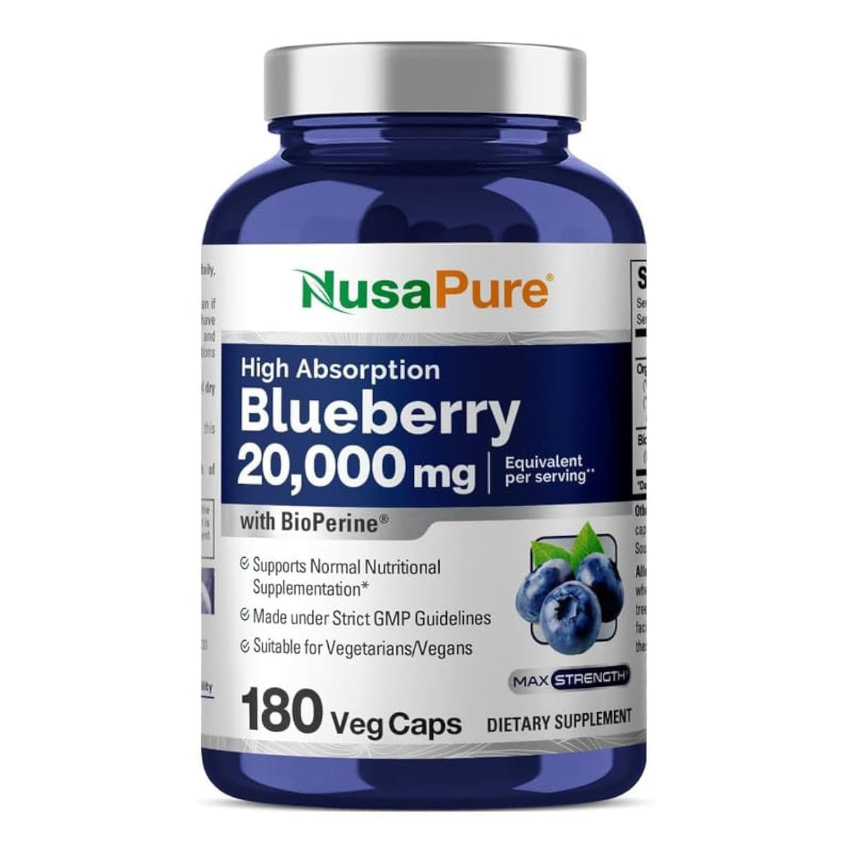NusaPure Blueberry Concentrate 20,000mg - 180 Veggie Powder caps (Extract 30:1, 100% Vegetarian, Non-GMO)
