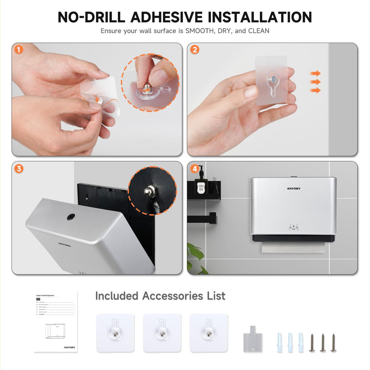 anydry 200-Sheet Wall-Mounted Paper Towel Dispenser, Fits Multi-Fold Towels up to 10x3.1 Inches, Perfect for Home & Business (Silver)