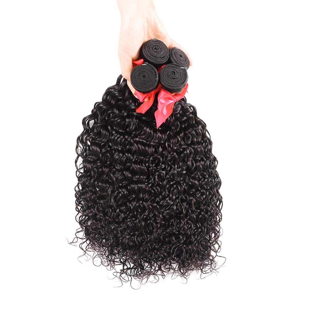 10A Water Wave Bundles with Closure (16 18 20 +14) Wet and Wavy Brazilian Virgin Human Hair 3 Bundles with 4x4 Lace Closure with Baby Hair Free Part 1B# Curly Wave Human Hair Extensions