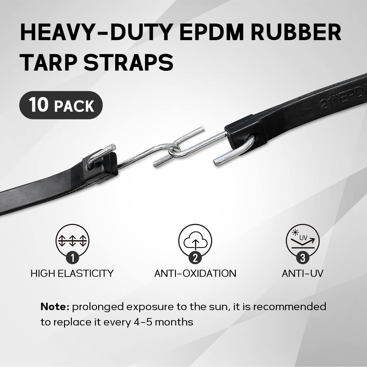 ROBLOCK 31" Rubber Tarp Straps with 150% Max Stretch, 100% EPDM Bungee Cords with Metal Crimped S Hooks, Ideal for Securing Tarps, Cargo, Canvases, Weatherproof (10 Pack)