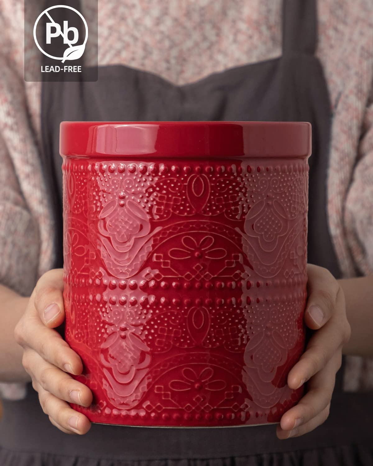 FUN ELEMENTS Kitchen Utensil Holder, 7.2" Super Large Utensil Crock Heavy and Stable Lace Emboss Ceramic Utensil Holder for Kitchen Counter (Christmas Red)