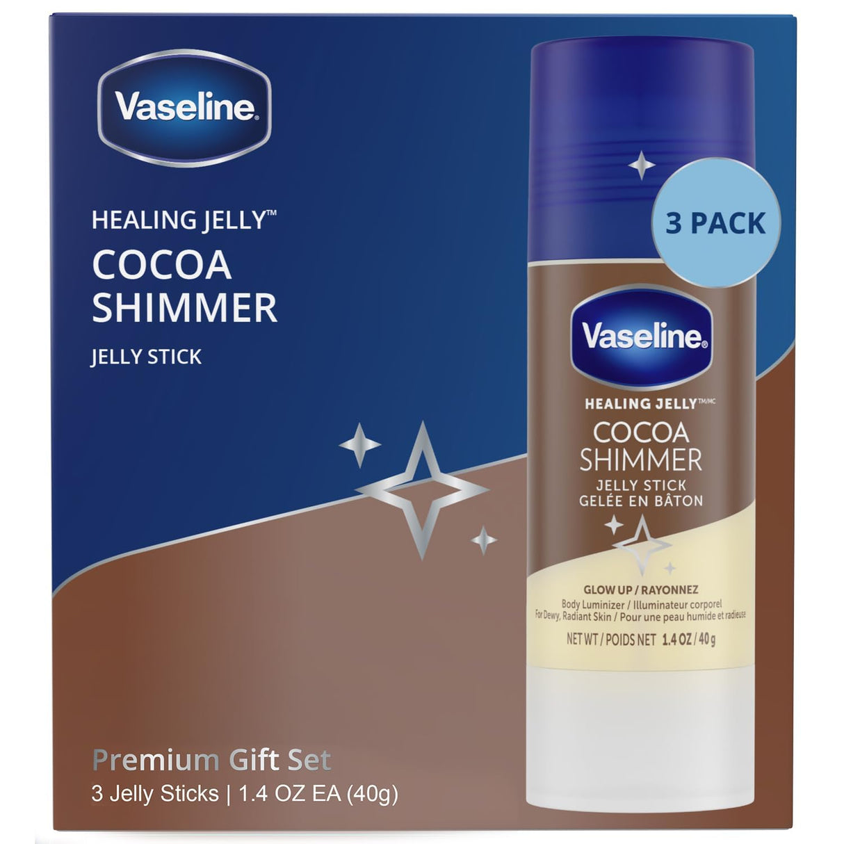 Vaseline Cocoa Shimmer Jelly Stick – Non-Greasy Moisturizer for Glowing Skin, Face & Body Lotion, Travel-Size, 1.4 Oz Ea, Pack of 3.