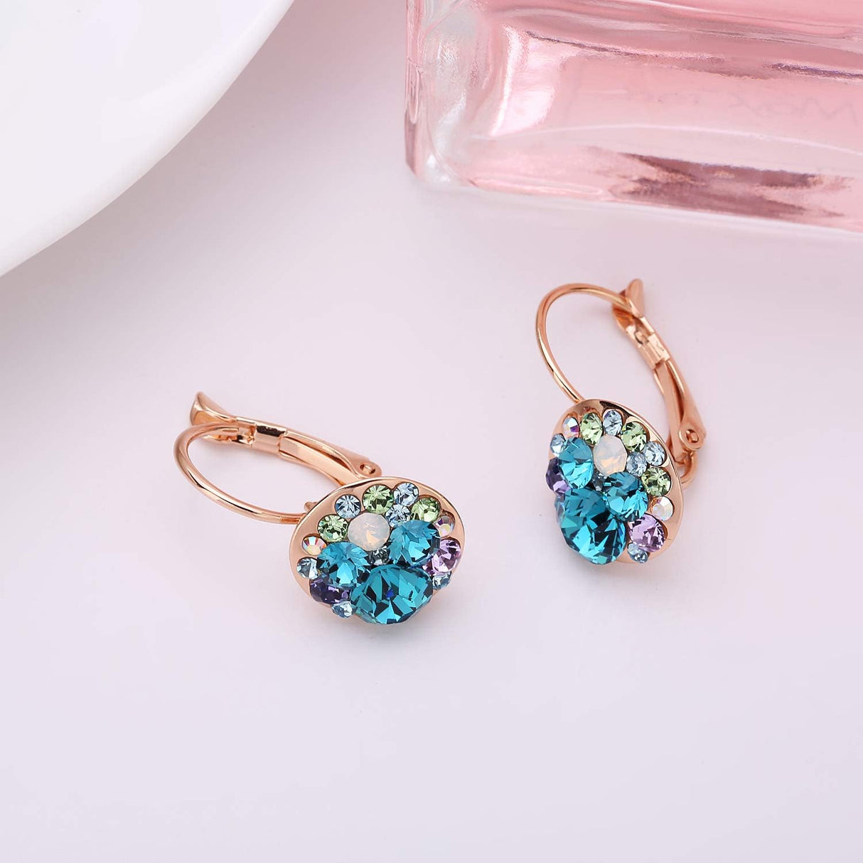 EVEVIC Austrian Crystal Round Cluster Leverback Drop Earrings for Women
