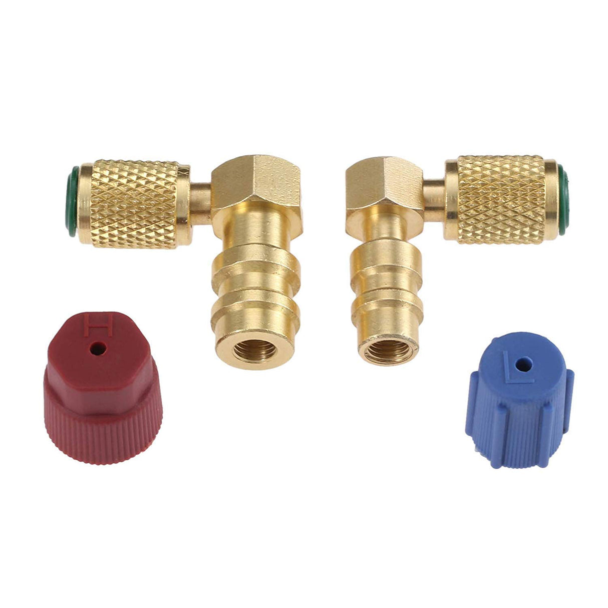 Aupoko R12 to R134A High/Low AC Port Retrofit Conversion Adapter Fitting Kit, R12 to R134A Retrofit Kit, Quick Coupler Valve A/C 90° Fitting, High and Low Side R-12 to R-134A Retrofit with 2 Caps
