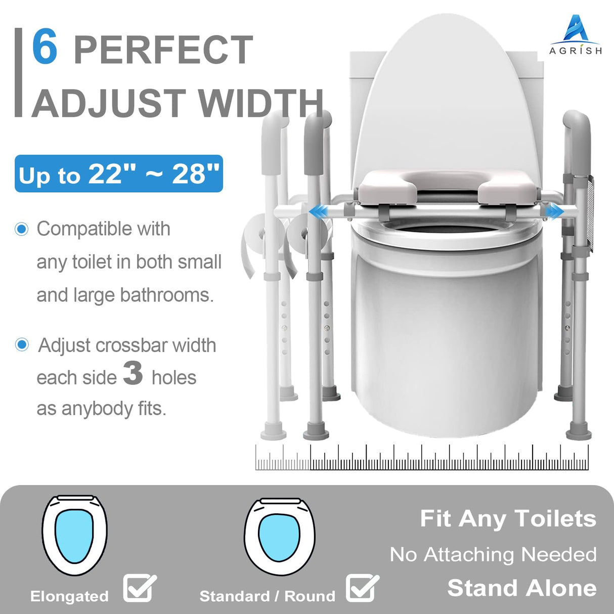 Agrish Raised Toilet Seat with Handles - FSA/HSA Eligible Cozy Padded Elevated Medical Toilet Seat Risers for Seniors, 350lb Adjustable Handicap Toilet Riser - Gray