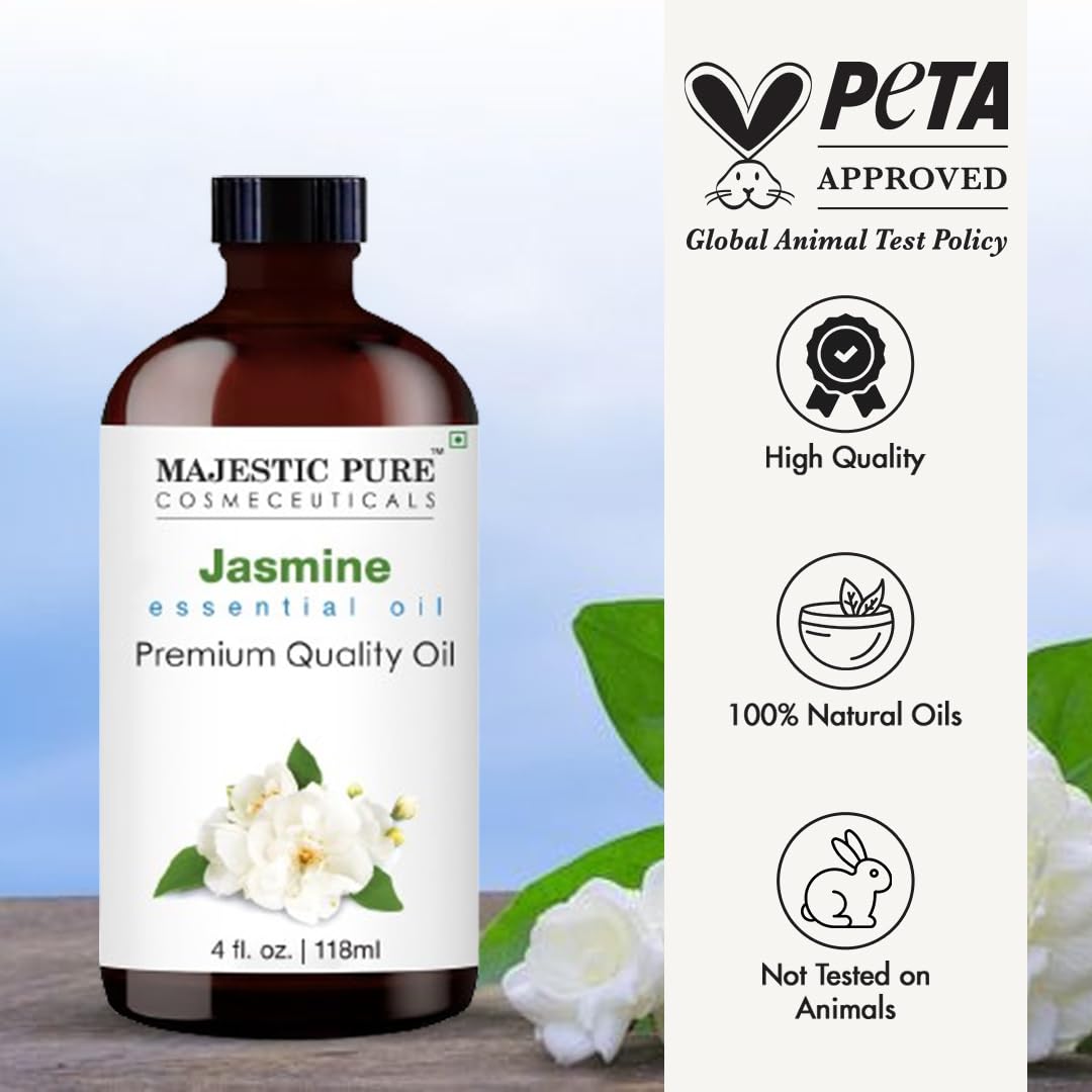 MAJESTIC PURE Jasmine Essential Oil | 100% Pure and Natural Jasmine Oil | Premium Grade Essential Oils for Hair Care, Home Diffusers, Skin, Aromatherapy, Massage and Humidifiers | 4 Fl Oz