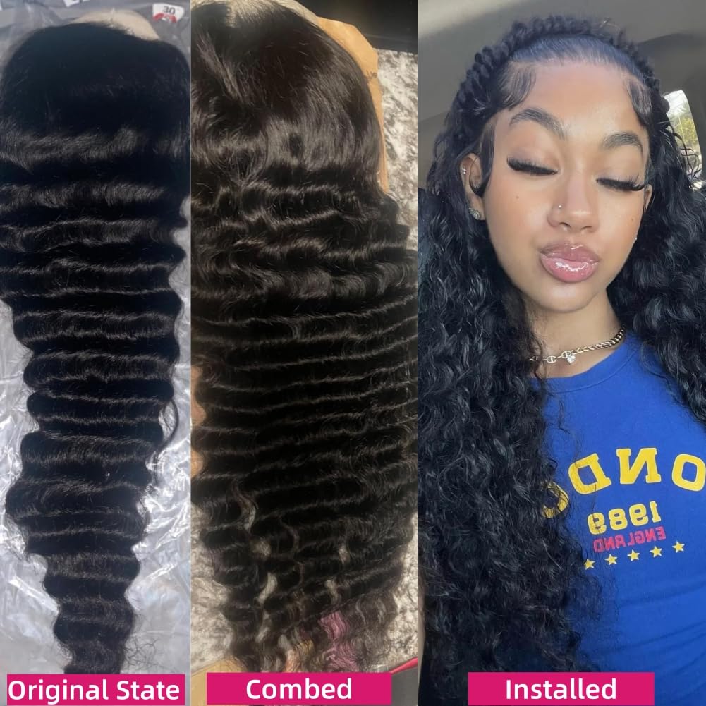 BRUAR 30 Inch Deep Wave Lace Front Wigs Human Hair Pre Plucked Curly Human Hair Wig 13x4 HD Frontal Hair Wigs 180 Density Glueless Wet and Wavy Water Wave Lace Front Wigs for Women