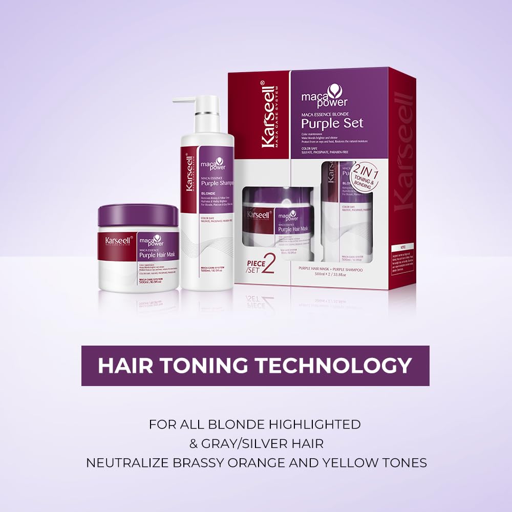 Karseell maca power Purple Hair Mask and Purple Shampoo Set, Neutralizes Brass & Yellow Tones for Blonde, Gray, Silver Color Treated Hair, 2 x 16.9floz