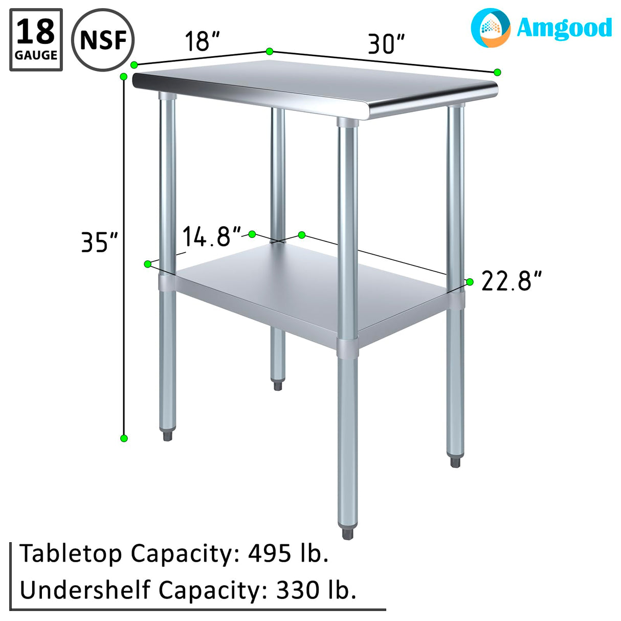 AmGood 30 in. x 18 in. Stainless Steel Work Table | Metal Kitchen Food Prep Table | NSF