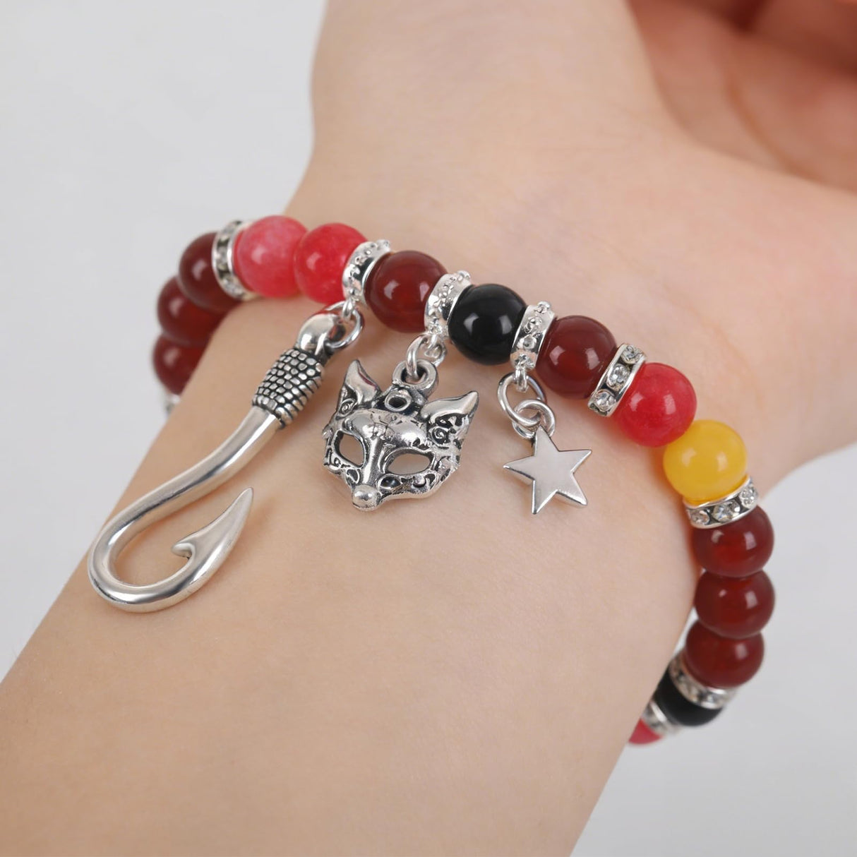 JUNIQUTE FNAF Game Inspired Bracelet for Women - 4PCS Charm Bracelet with Translucent Stone Beads & Metal Prop Charms, Pulseras Para Mujer, Birthday Valentines Gifts