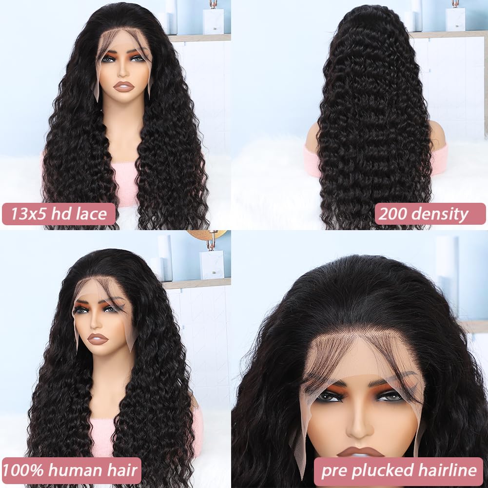 Keshon 13x5 Deep Wave Lace Front Wigs Human Hair 200% Density Deep Wave Frontal Wig Pre Plucked HD Transparent Full Lace Frontal Wigs Human Hair with Baby Hair Natural Color 28 inch