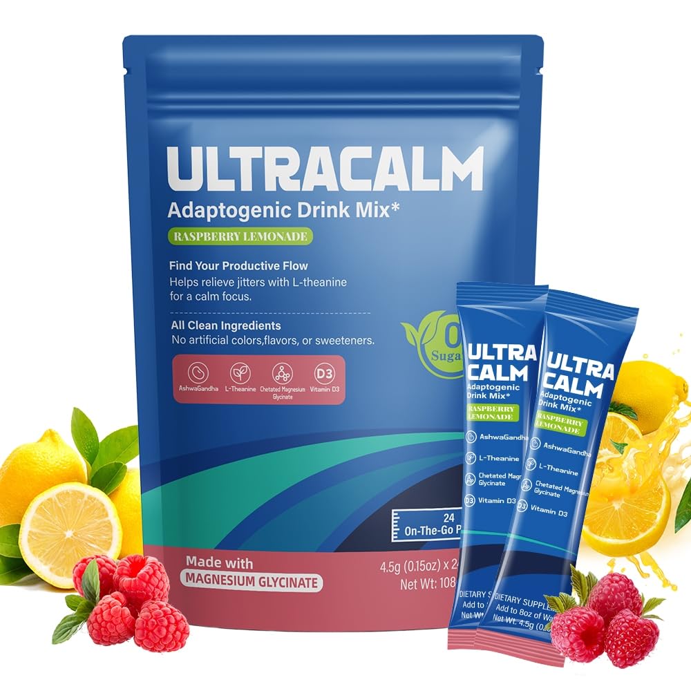 UltraCalm Super Cortisol Drink – Calm Magnesium Glycinate Powder – 30 Servings – L-theanine, Ashwagandha, Vitamin D – No Sugar – Raspberry Lemonade – Electrolytes Powder