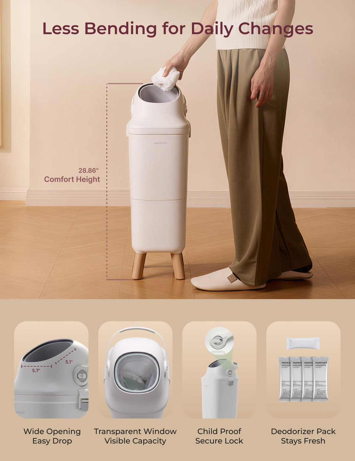 Momcozy Triple-Seal Diaper Pail with Odor Locking, Ergonomic Height Design